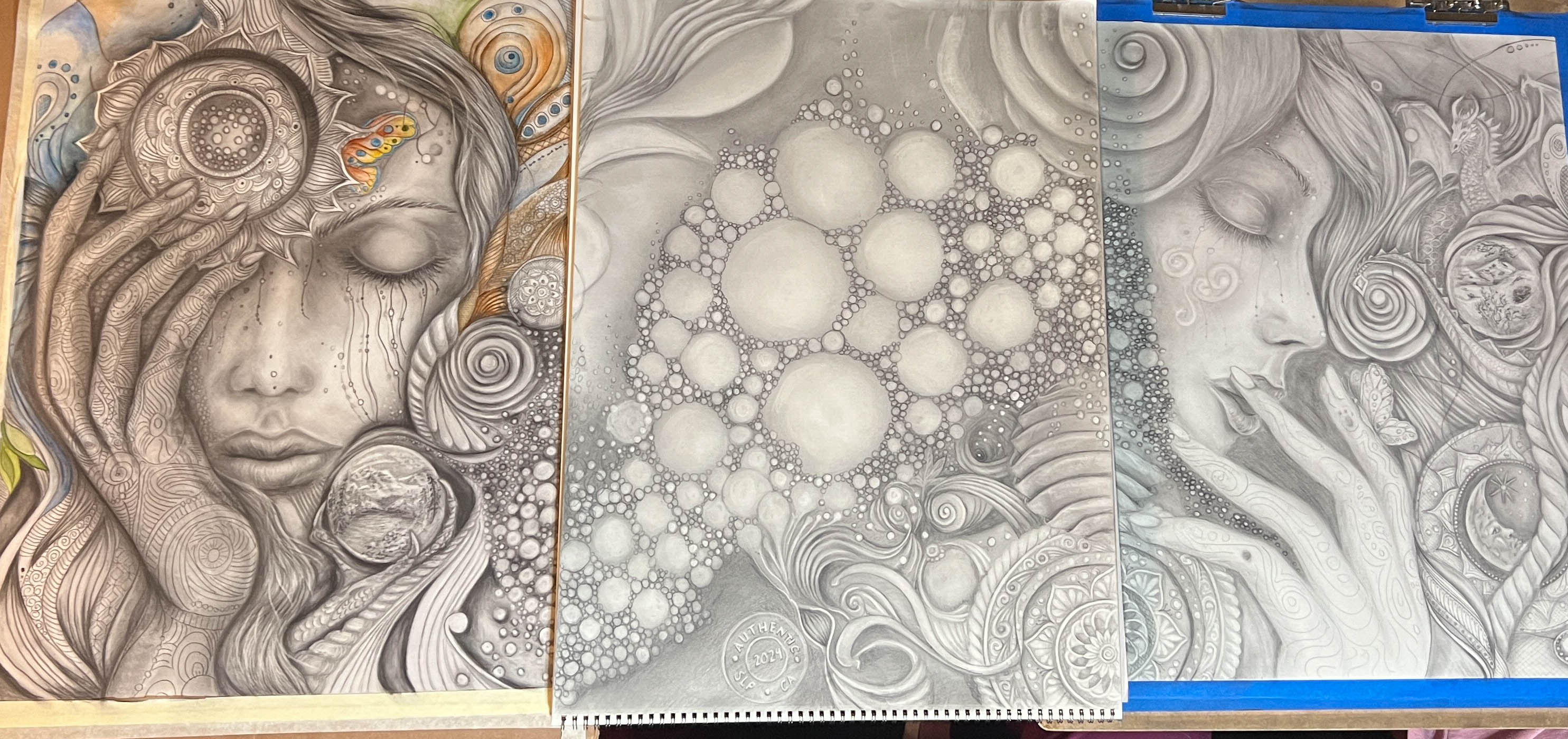 Triptych graphite drawing of two expressive faces connected by swirling organic shapes and floating bubbles, with numerous hidden miniature images woven into the composition.”