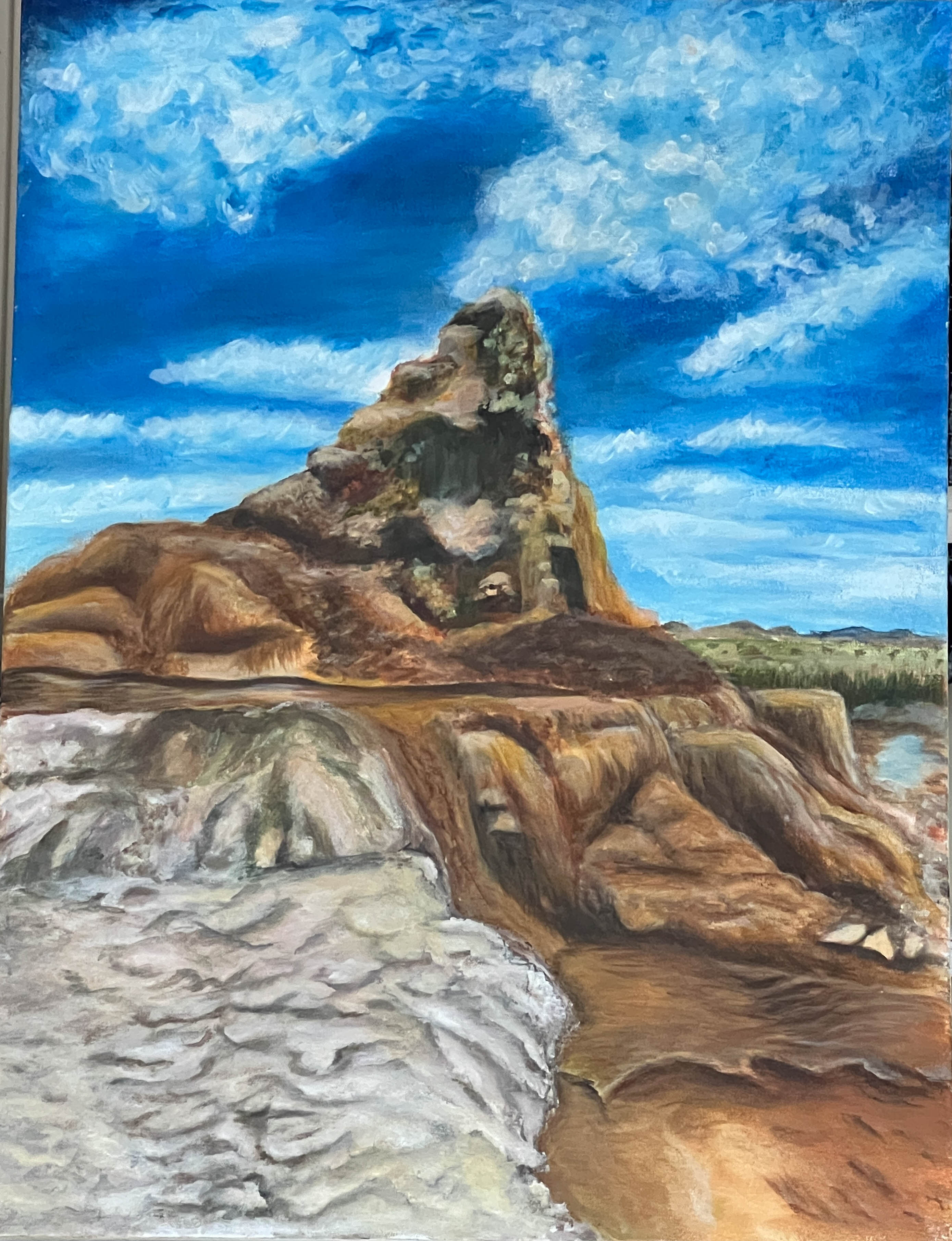 2024 acrylic on canvas painting of Fly Geyser in Washoe County, Nevada, showing rainbow-hued travertine cones with green and red algae, wisps of steam rising, and a desert plain under a bright sky.
