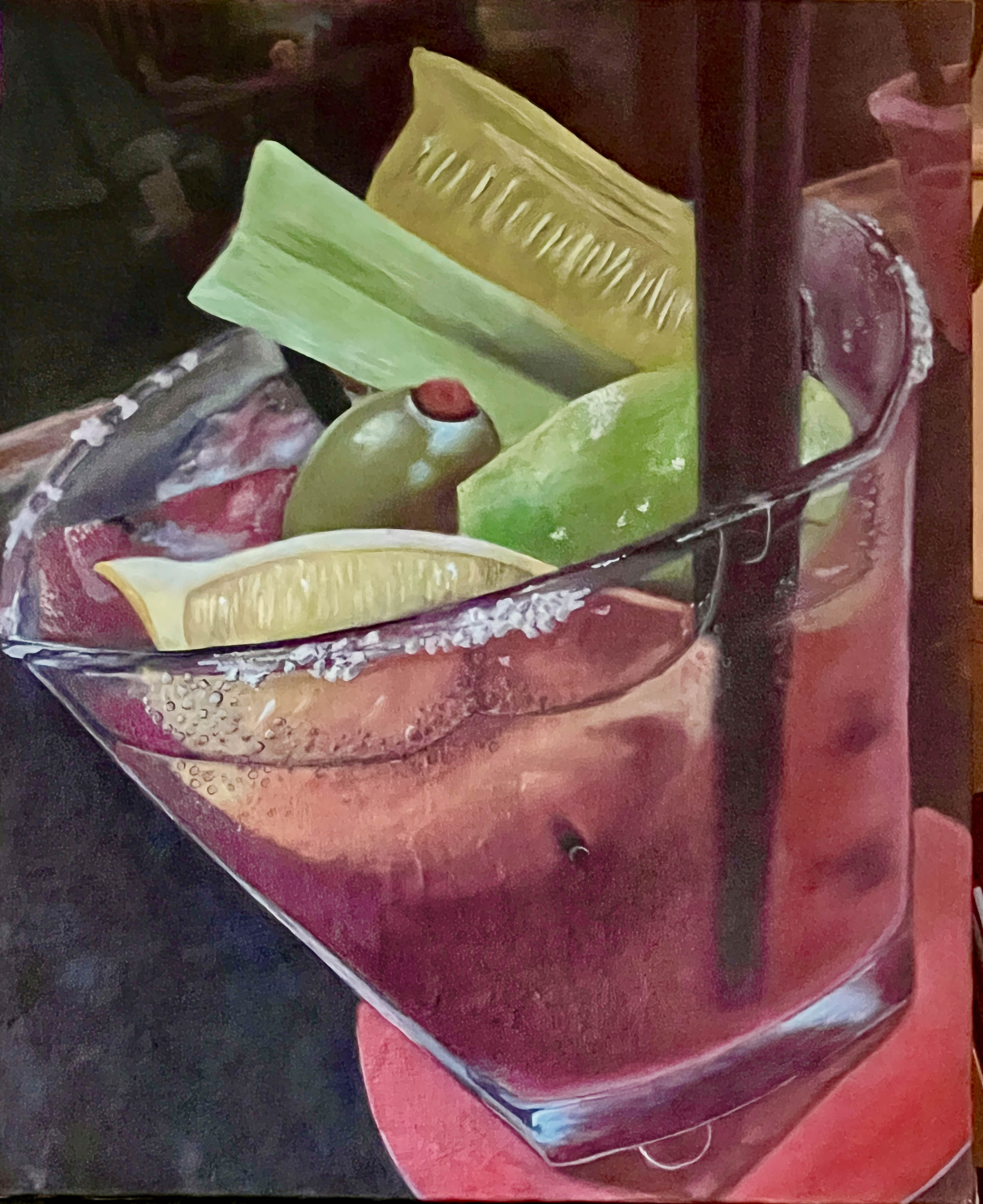Acrylic painting titled ‘Salad in a Glass’ showing a tall clear glass filled with deep red Bloody Mary cocktail, garnished with bright green celery stalks, a lemon wedge, speckled with black pepper and framed by a salt‐rim against a neutral background.