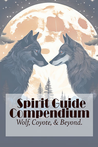 Cover of the book “Spirit Guide Compendium: Wolf, Coyote, and Beyond” showing a wolf and a coyote silhouette against a starry twilight sky, framed by tribal geometric patterns in earthy browns and rust tones.
