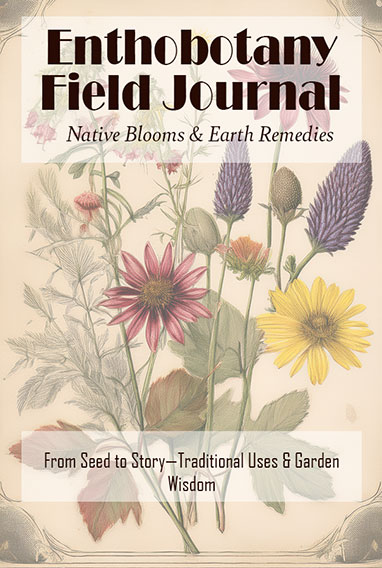 Cover of the book “Ethnobotany Field Journal” featuring hand-drawn botanical sketches of leaves, roots, and seed pods on a cream-colored, lined field-notebook background with earthy green and brown accents.